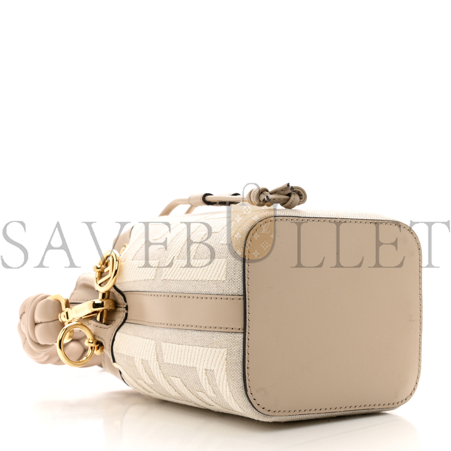 FENDI CANVAS NAPPA F IS FENDI FF EMBROIDERED MINI MON TRESOR BUCKET BAG GREZZO WHITE NUVOLA (18*12*10cm)