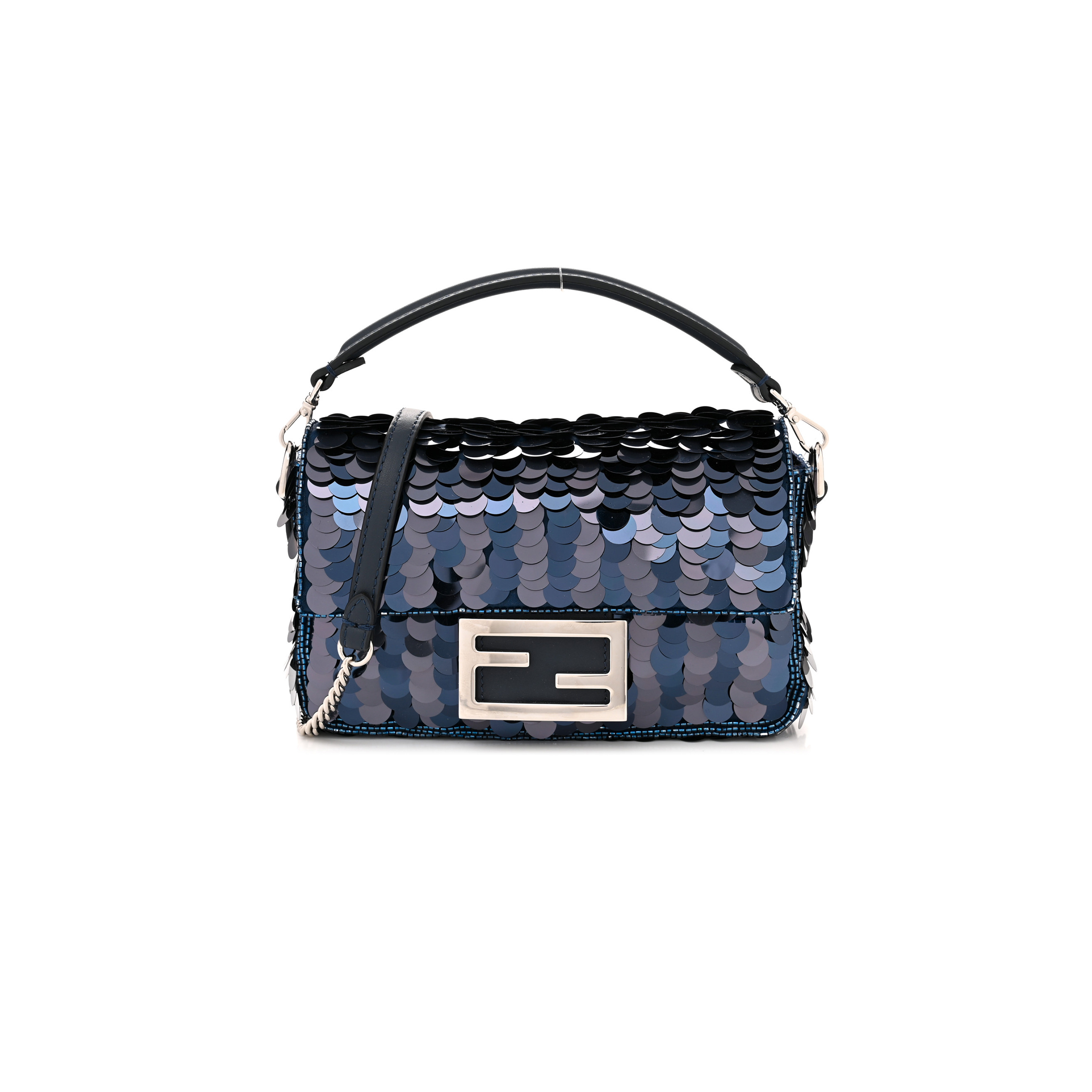 FENDI SEQUIN PAILLETTES SHINY NAPPA PEQUIN MINI BAGUETTE DARK BLUE LUNAI (18*13*5cm)