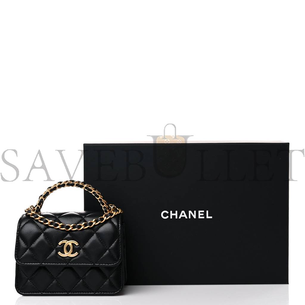 CHANEL LAMBSKIN QUILTED CHAIN TOP HANDLE CLUTCH WITH CHAIN BLACK GOLD HARDWARE (13*10*6cm) CHANEL LAMBSKIN QUILTED CHAIN TOP HANDLE CLUTCH WITH CHAIN BLACK GOLD HARDWARE (13*10*6cm)