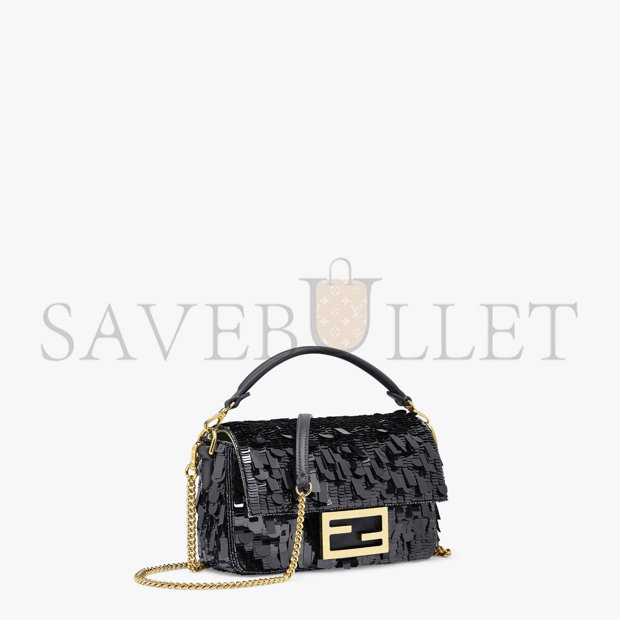 FENDI BAGUETTE MINI - BLACK SEQUIN AND LEATHER BAG 8BS017AMP0F0KUR (20*13*5cm)