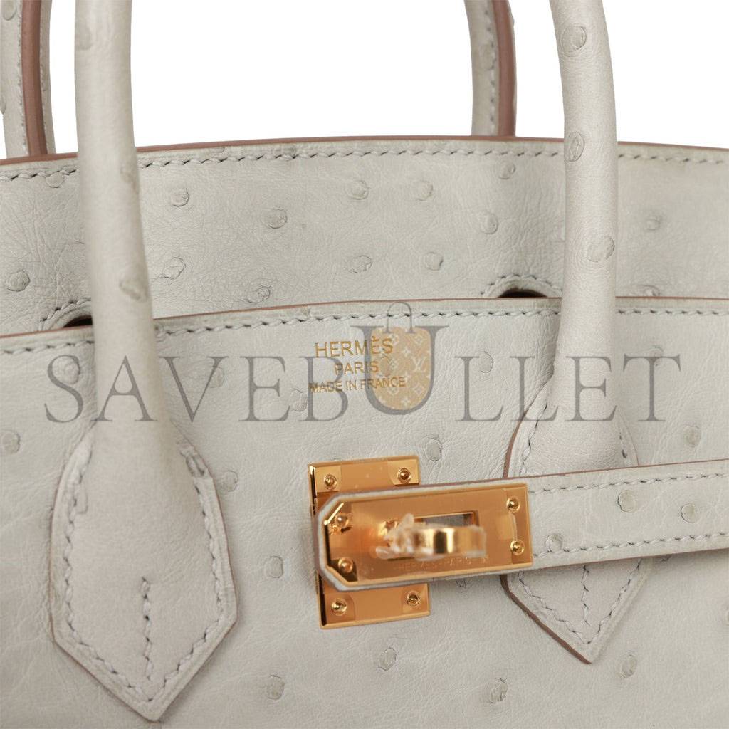 HERMES BIRKIN 25 GRIS PERLE OSTRICH GOLD HARDWARE HANDMADE (25cm)