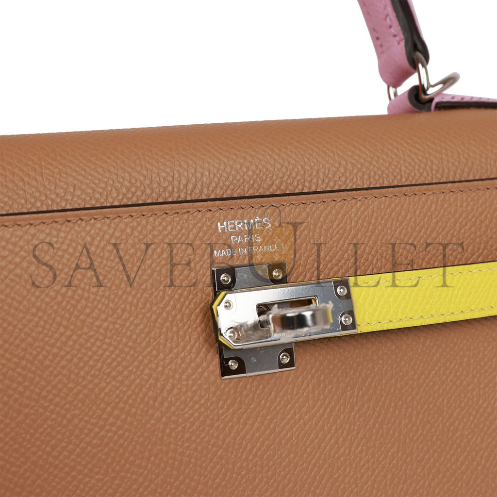 HERMES KELLY SELLIER 25 TRI-COLOR CHAI, LIME AND MAUVE SYLVESTRE EPSOM PALLADIUM HARDWARE(25*17*7cm)