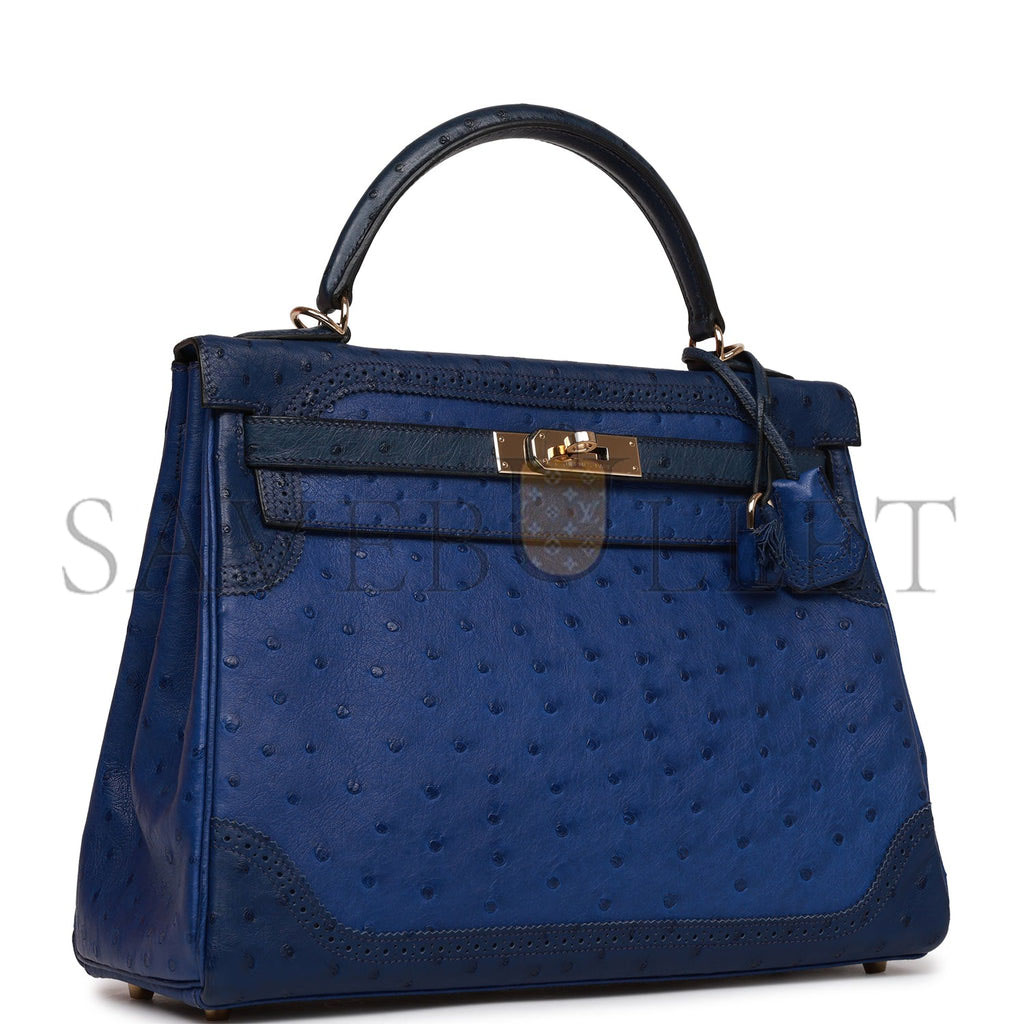 HERMES GHILLIES KELLY RETOURNE 32 BLEU SAPHIR, BLEU IRIS AND BLEU DE MALTE OSTRICH PERMABRASS HARDWARE (32cm)