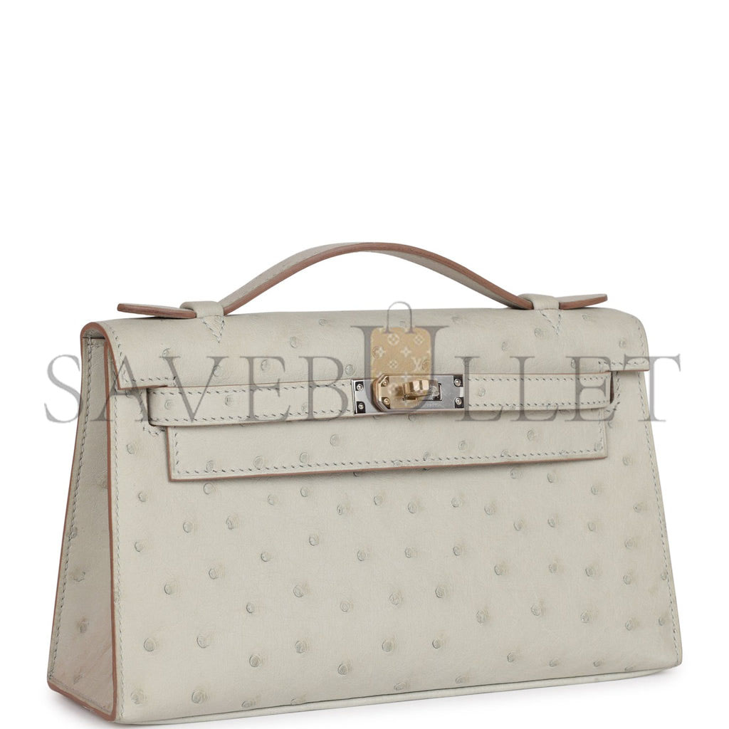 HERMES MINI KELLY POCHETTE GRIS PERLE OSTRICH PALLADIUM HARDWARE  (22*14*7cm)