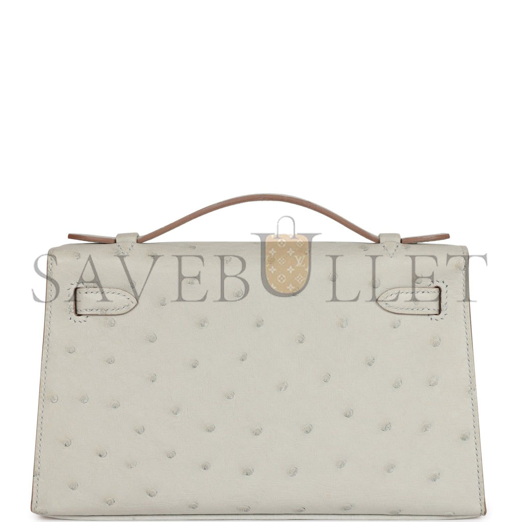 HERMES MINI KELLY POCHETTE GRIS PERLE OSTRICH PALLADIUM HARDWARE  (22*14*7cm)