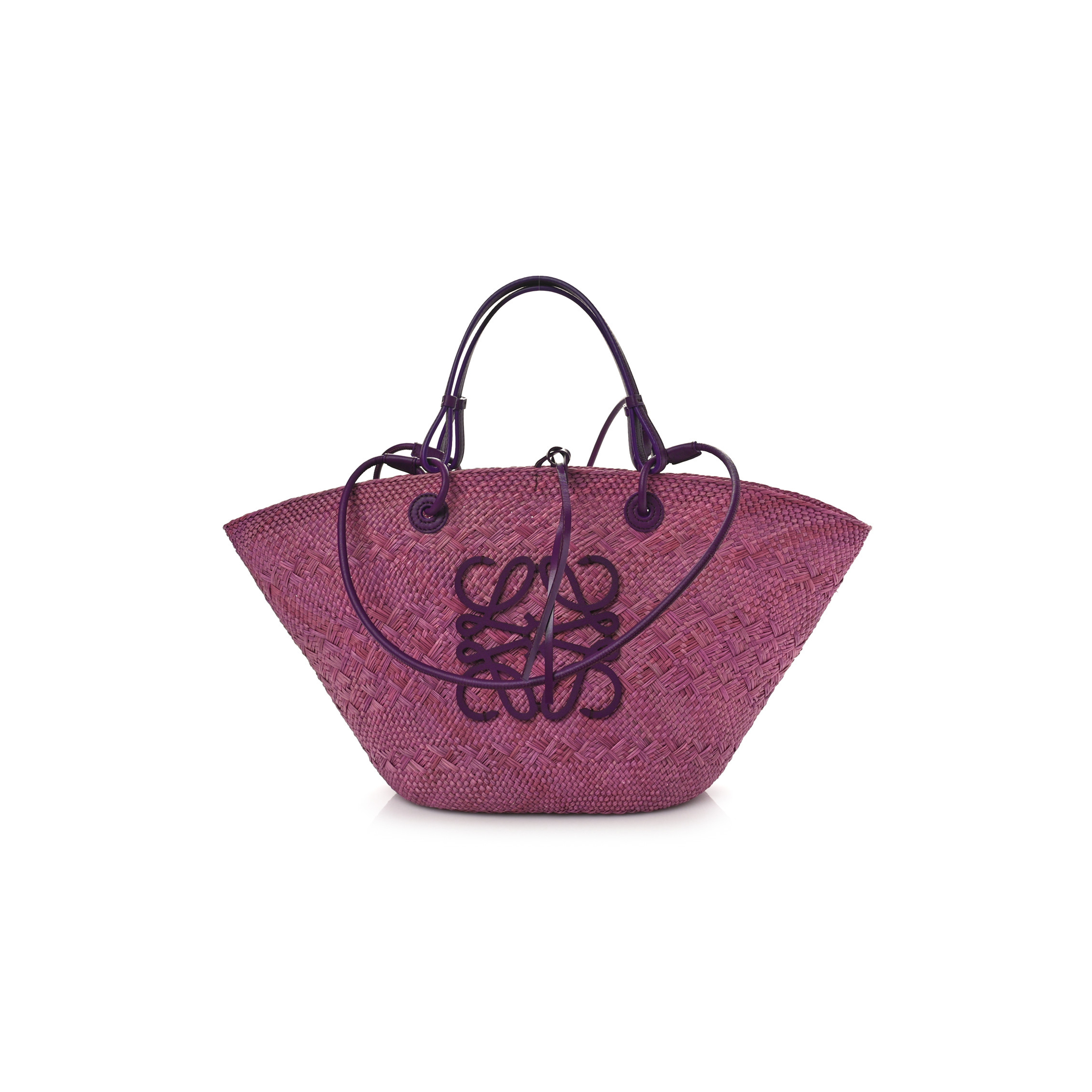 LOEWE CALFSKIN RAFFIA PAULAS IBIZA SMALL ANAGRAM BASKET TOTE BAG PURPLE (19*18*12cm)