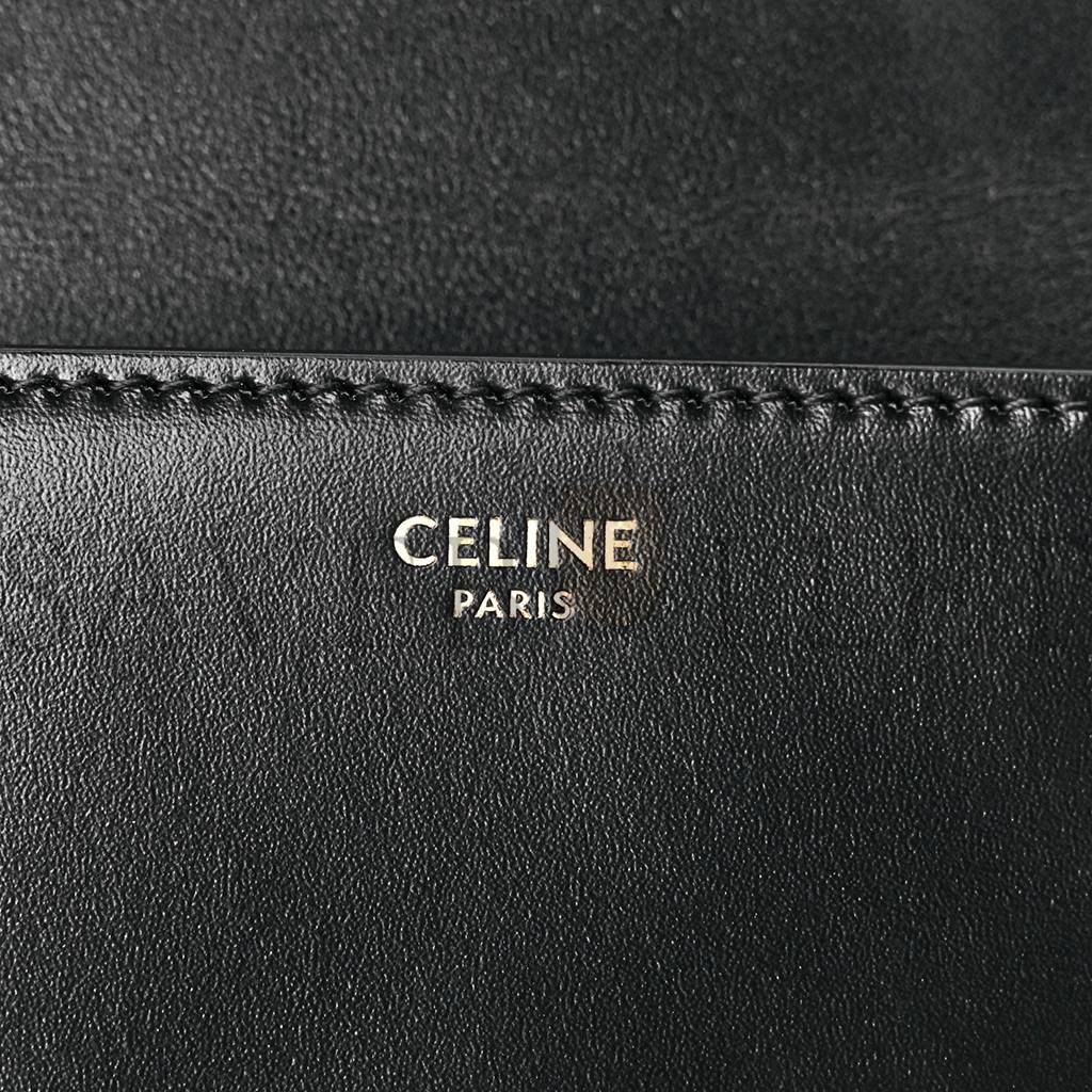 CELINE SHINY CALFSKIN CUIR TRIOMPHE CHAIN SHOULDER BAG BLACK (20*11*4cm)