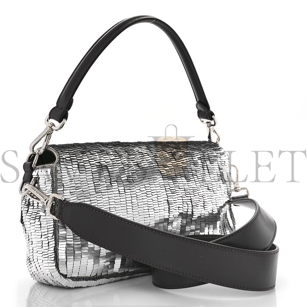 FENDI SEQUIN PAILLETTES CAPRETTO LUCIDO BAGUETTE ARGENTO MORO (27*15*6cm)