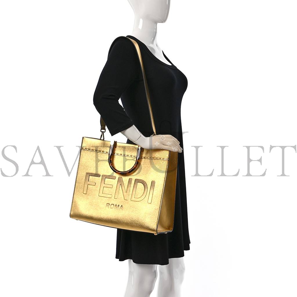 FENDI VITELLO CATALAN MIRROR PLEXIGLASS LOGO EMBOSSED MEDIUM FENDI SUNSHINE SHOPPER TOTE GOLD (36*30*14cm)